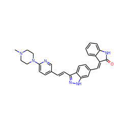 CN1CCN(c2ccc(/C=C/c3n[nH]c4cc(/C=C5/C(=O)Nc6ccccc65)ccc34)cn2)CC1 ZINC000096273694