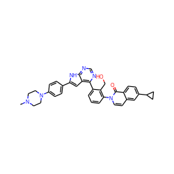 CN1CCN(c2ccc(-c3cc4c(-c5cccc(-n6ccc7cc(C8CC8)ccc7c6=O)c5CO)ncnc4[nH]3)cc2)CC1 ZINC000224762469