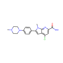 CN1CCN(c2ccc(-c3cc4c(Cl)cc(C(N)=O)nc4n3C)cc2)CC1 ZINC001772651269