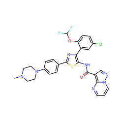 CN1CCN(c2ccc(-c3nc(-c4cc(Cl)ccc4OC(F)F)c(NC(=O)c4cnn5cccnc45)s3)cc2)CC1 ZINC001772587431