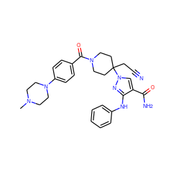 CN1CCN(c2ccc(C(=O)N3CCC(CC#N)(n4cc(C(N)=O)c(Nc5ccccc5)n4)CC3)cc2)CC1 ZINC000222096674