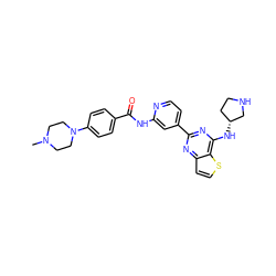 CN1CCN(c2ccc(C(=O)Nc3cc(-c4nc(N[C@@H]5CCNC5)c5sccc5n4)ccn3)cc2)CC1 ZINC000223671565