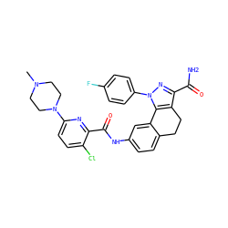 CN1CCN(c2ccc(Cl)c(C(=O)Nc3ccc4c(c3)-c3c(c(C(N)=O)nn3-c3ccc(F)cc3)CC4)n2)CC1 ZINC000049756628