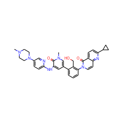 CN1CCN(c2ccc(Nc3cc(-c4cccc(-n5ccc6nc(C7CC7)ccc6c5=O)c4CO)cn(C)c3=O)nc2)CC1 ZINC000221763979