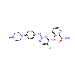 CN1CCN(c2ccc(Nc3ncc(Cl)c(Nc4cccnc4C(N)=O)n3)cc2)CC1 ZINC000052565717