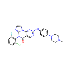 CN1CCN(c2ccc(Nc3ncc4c(=O)n(-c5c(F)cccc5Cl)c5nccn5c4n3)cc2)CC1 ZINC000143859395