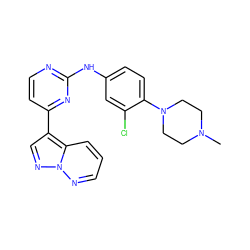 CN1CCN(c2ccc(Nc3nccc(-c4cnn5ncccc45)n3)cc2Cl)CC1 ZINC000003816525