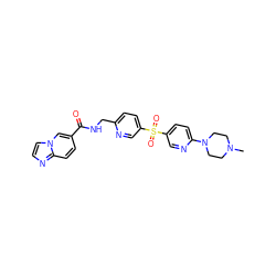 CN1CCN(c2ccc(S(=O)(=O)c3ccc(CNC(=O)c4ccc5nccn5c4)nc3)cn2)CC1 ZINC000223398185