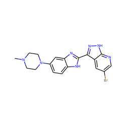 CN1CCN(c2ccc3[nH]c(-c4n[nH]c5ncc(Br)cc45)nc3c2)CC1 ZINC000072176878