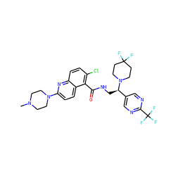 CN1CCN(c2ccc3c(C(=O)NC[C@H](c4cnc(C(F)(F)F)nc4)N4CCC(F)(F)CC4)c(Cl)ccc3n2)CC1 ZINC000149155850