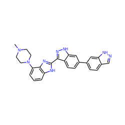 CN1CCN(c2cccc3[nH]c(-c4n[nH]c5cc(-c6ccc7cn[nH]c7c6)ccc45)nc23)CC1 ZINC000040410269