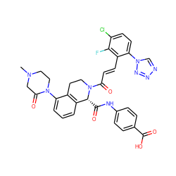 CN1CCN(c2cccc3c2CCN(C(=O)/C=C/c2c(-n4cnnn4)ccc(Cl)c2F)[C@@H]3C(=O)Nc2ccc(C(=O)O)cc2)C(=O)C1 ZINC000205316522