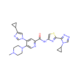 CN1CCN(c2cnc(C(=O)Nc3csc(-c4nncn4C4CC4)n3)cc2-n2cnc(C3CC3)c2)CC1 ZINC000219000443