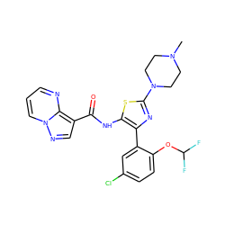 CN1CCN(c2nc(-c3cc(Cl)ccc3OC(F)F)c(NC(=O)c3cnn4cccnc34)s2)CC1 ZINC001772588650