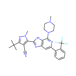 CN1CCN(c2nc(-c3ccccc3C(F)(F)F)cc3nc(-c4c(C#N)c(C(C)(C)C)nn4C)[nH]c23)CC1 ZINC000141920261