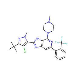 CN1CCN(c2nc(-c3ccccc3C(F)(F)F)cc3nc(-c4c(Cl)c(C(C)(C)C)nn4C)[nH]c23)CC1 ZINC000118908678