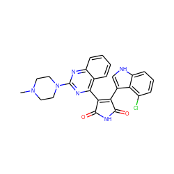 CN1CCN(c2nc(C3=C(c4c[nH]c5cccc(Cl)c45)C(=O)NC3=O)c3ccccc3n2)CC1 ZINC000095577146