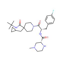 CN1CCN[C@@H](C(=O)N[C@@H](Cc2ccc(F)cc2)C(=O)N2CCC(CC3CC3)(C(=O)NC(C)(C)C)CC2)C1 ZINC000095613302