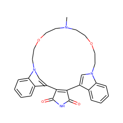 CN1CCOCCn2cc(c3ccccc32)C2=C(C(=O)NC2=O)c2cn(c3ccccc23)CCOCC1 ZINC000013538500