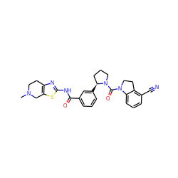 CN1CCc2nc(NC(=O)c3cccc([C@H]4CCCN4C(=O)N4CCc5c(C#N)cccc54)c3)sc2C1 ZINC000199988808