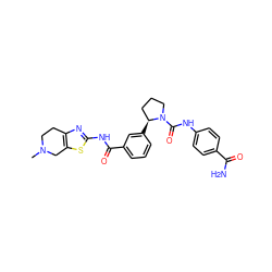CN1CCc2nc(NC(=O)c3cccc([C@H]4CCCN4C(=O)Nc4ccc(C(N)=O)cc4)c3)sc2C1 ZINC000199988856
