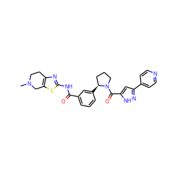 CN1CCc2nc(NC(=O)c3cccc([C@H]4CCCN4C(=O)c4cc(-c5ccncc5)n[nH]4)c3)sc2C1 ZINC000199997547