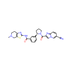 CN1CCc2nc(NC(=O)c3cccc([C@H]4CCCN4C(=O)c4cn5cc(C#N)ccc5n4)c3)sc2C1 ZINC000141714983