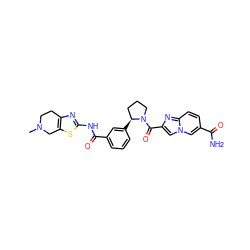 CN1CCc2nc(NC(=O)c3cccc([C@H]4CCCN4C(=O)c4cn5cc(C(N)=O)ccc5n4)c3)sc2C1 ZINC000200007273