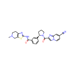 CN1CCc2nc(NC(=O)c3cccc([C@H]4CCCN4C(=O)c4cn5ccc(C#N)cc5n4)c3)sc2C1 ZINC000113581531