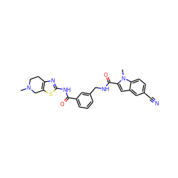 CN1CCc2nc(NC(=O)c3cccc(CNC(=O)c4cc5cc(C#N)ccc5n4C)c3)sc2C1 ZINC000167964629