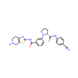 CN1CCc2nc(NC(=O)c3cccc(N4CCC[C@@H]4C(=O)Nc4ccc(C#N)cc4)c3)sc2C1 ZINC000113564087