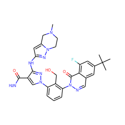 CN1CCn2nc(Nc3nn(-c4cccc(-n5ncc6cc(C(C)(C)C)cc(F)c6c5=O)c4CO)cc3C(N)=O)cc2C1 ZINC000143576006