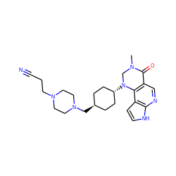 CN1CN([C@H]2CC[C@H](CN3CCN(CCC#N)CC3)CC2)c2c(cnc3[nH]ccc23)C1=O ZINC001772585795