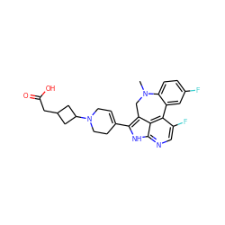 CN1Cc2c(C3=CCN(C4CC(CC(=O)O)C4)CC3)[nH]c3ncc(F)c(c23)-c2cc(F)ccc21 ZINC001772644983