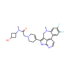 CN1Cc2c(C3=CCN(CC(=O)N(C)C4CC(O)C4)CC3)[nH]c3nccc(c23)-c2cc(F)c(F)cc21 ZINC001772657643
