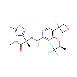 CNC(=O)[C@@](C)(NC(=O)c1cc(O[C@@H](C)C(F)(F)F)c(C2(F)COC2)cn1)c1noc(C)n1 ZINC000146425347