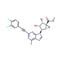 CNC(=O)[C@@]12C[C@@H]1[C@@H](n1cnc3c(C)nc(C#Cc4ccc(F)c(F)c4)nc31)[C@H](O)[C@@H]2O ZINC000653853285