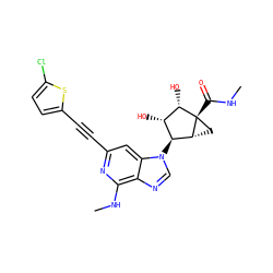 CNC(=O)[C@@]12C[C@@H]1[C@@H](n1cnc3c(NC)nc(C#Cc4ccc(Cl)s4)cc31)[C@H](O)[C@@H]2O ZINC001772646180