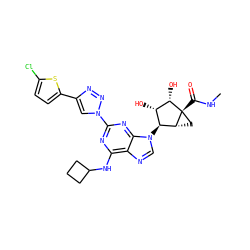 CNC(=O)[C@@]12C[C@@H]1[C@@H](n1cnc3c(NC4CCC4)nc(-n4cc(-c5ccc(Cl)s5)nn4)nc31)[C@H](O)[C@@H]2O ZINC000653806251