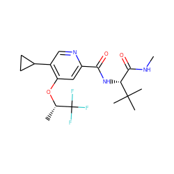 CNC(=O)[C@@H](NC(=O)c1cc(O[C@@H](C)C(F)(F)F)c(C2CC2)cn1)C(C)(C)C ZINC000146435679