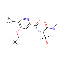 CNC(=O)[C@@H](NC(=O)c1cc(OCC(F)(F)F)c(C2CC2)cn1)C(C)(C)O ZINC000146520717
