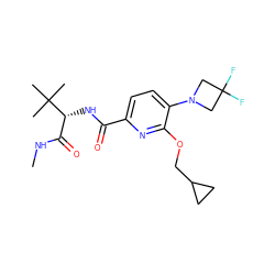 CNC(=O)[C@@H](NC(=O)c1ccc(N2CC(F)(F)C2)c(OCC2CC2)n1)C(C)(C)C ZINC000150244937