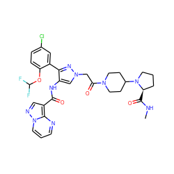 CNC(=O)[C@@H]1CCCN1C1CCN(C(=O)Cn2cc(NC(=O)c3cnn4cccnc34)c(-c3cc(Cl)ccc3OC(F)F)n2)CC1 ZINC001772621718