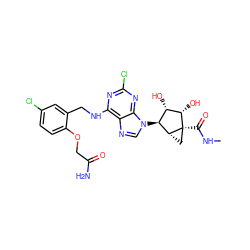 CNC(=O)[C@]12C[C@@H]1[C@@H](n1cnc3c(NCc4cc(Cl)ccc4OCC(N)=O)nc(Cl)nc31)[C@H](O)[C@@H]2O ZINC000101034266