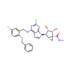 CNC(=O)[C@]12C[C@@H]1[C@@H](n1cnc3c(NCc4cc(Cl)ccc4OCc4ccccc4)nc(Cl)nc31)[C@H](O)[C@@H]2O ZINC000101034259