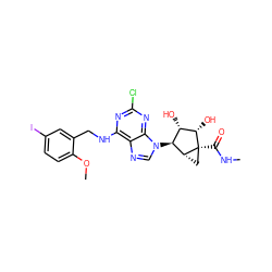 CNC(=O)[C@]12C[C@@H]1[C@@H](n1cnc3c(NCc4cc(I)ccc4OC)nc(Cl)nc31)[C@H](O)[C@@H]2O ZINC000101034325