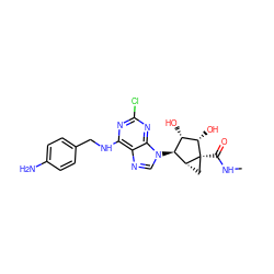 CNC(=O)[C@]12C[C@@H]1[C@@H](n1cnc3c(NCc4ccc(N)cc4)nc(Cl)nc31)[C@H](O)[C@@H]2O ZINC000101034263