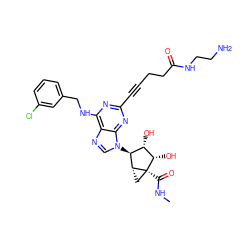 CNC(=O)[C@]12C[C@@H]1[C@@H](n1cnc3c(NCc4cccc(Cl)c4)nc(C#CCCC(=O)NCCN)nc31)[C@H](O)[C@@H]2O ZINC000101286874