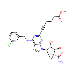 CNC(=O)[C@]12C[C@@H]1[C@@H](n1cnc3c(NCc4cccc(Cl)c4)nc(C#CCCCC(=O)OC)nc31)[C@H](O)[C@@H]2O ZINC000101286795