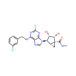 CNC(=O)[C@]12C[C@@H]1[C@@H](n1cnc3c(NCc4cccc(Cl)c4)nc(Cl)nc31)[C@H](O)[C@@H]2O ZINC000101286885